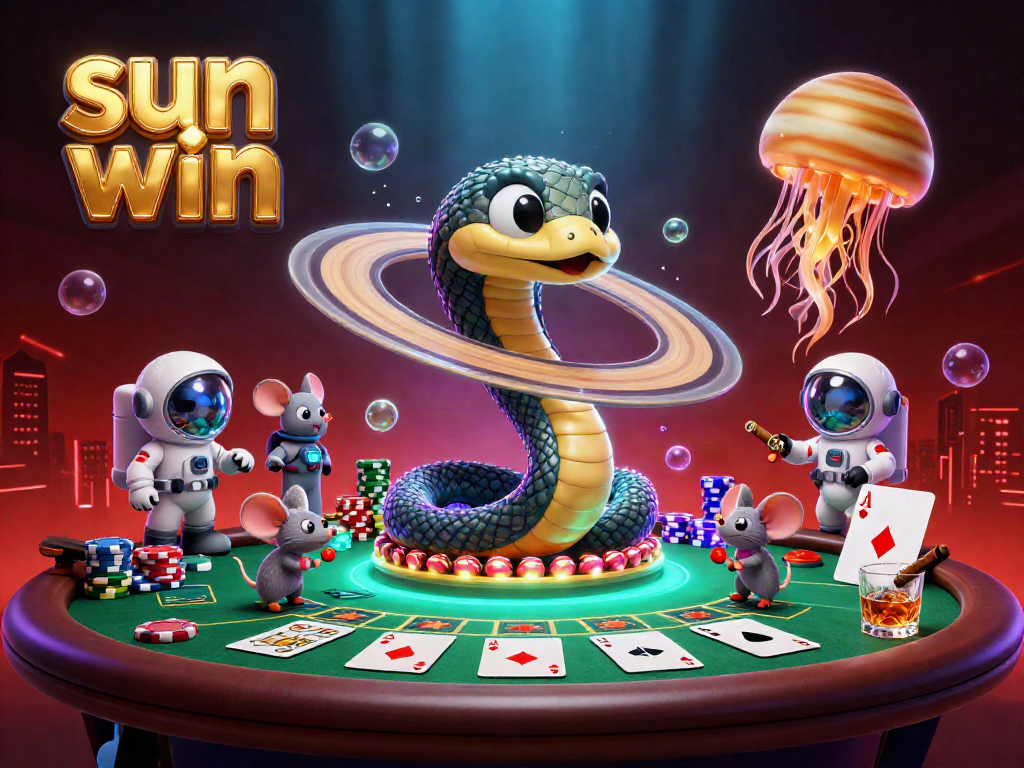 Experience sun win with a lively surreal gaming scene featuring cosmic characters and vibrant casino elements.