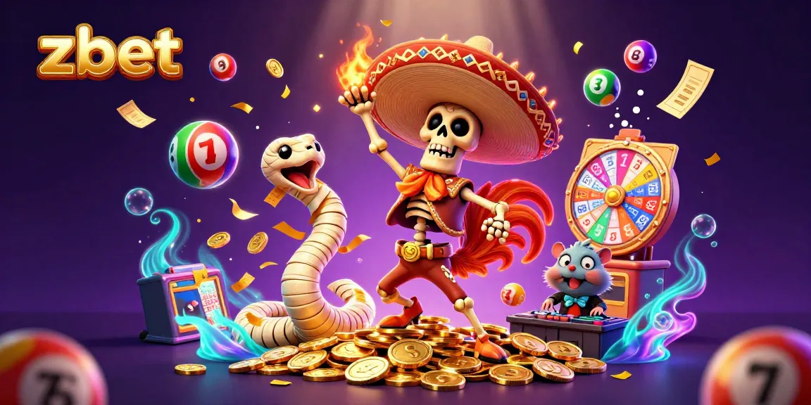 Experience gaming excitement with zbet's vibrant 3D casino scene featuring dynamic characters and lottery elements.