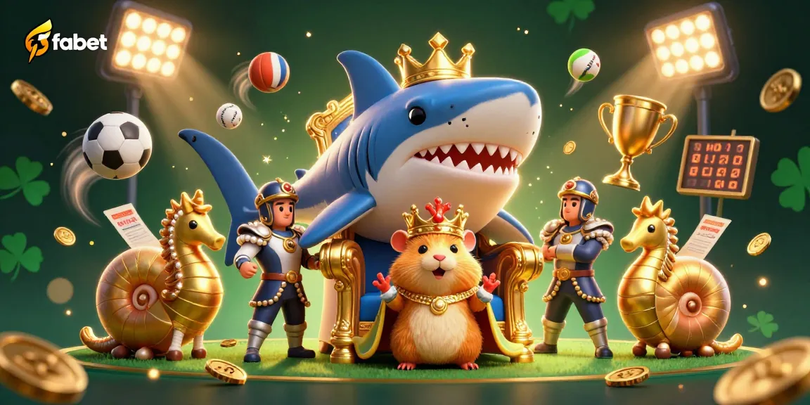 fabet showcases a vibrant casino scene with a golden hamster king, seahorse guards, and dynamic sports betting elements.