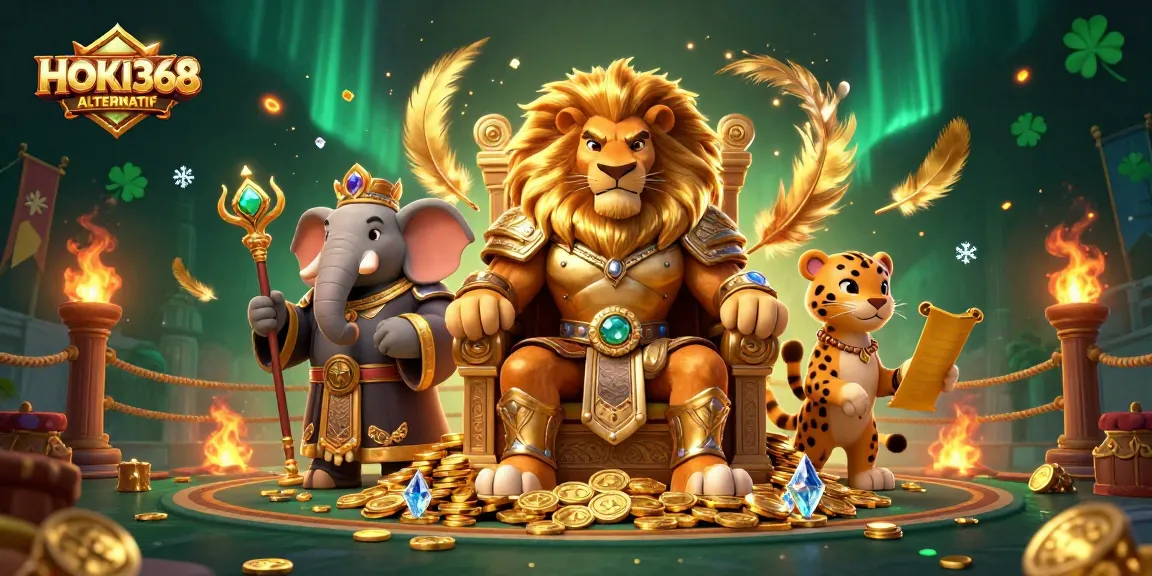 Experience HOKI368 ALTERNATIF with majestic characters in a vibrant casino scene filled with excitement.