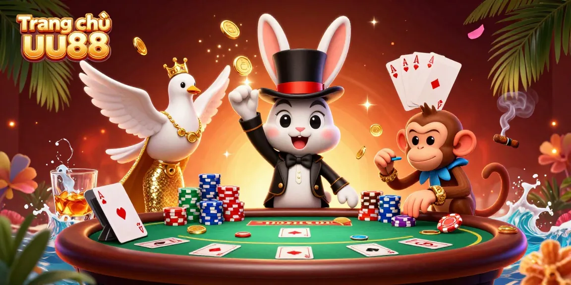 Experience the excitement of Trang chủ uu88 with a thrilling scene of a magician rabbit and playful characters in a vibrant casino setting.