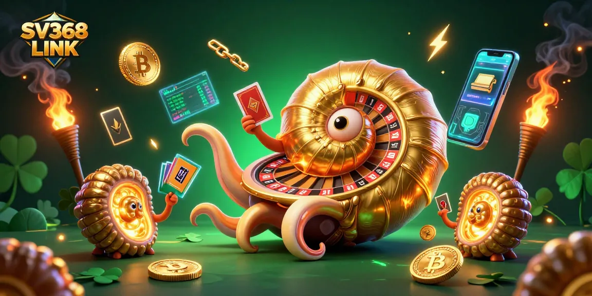 Engage with SV368 LINK by playing cards with a giant nautilus in a vibrant 3D casino scene.