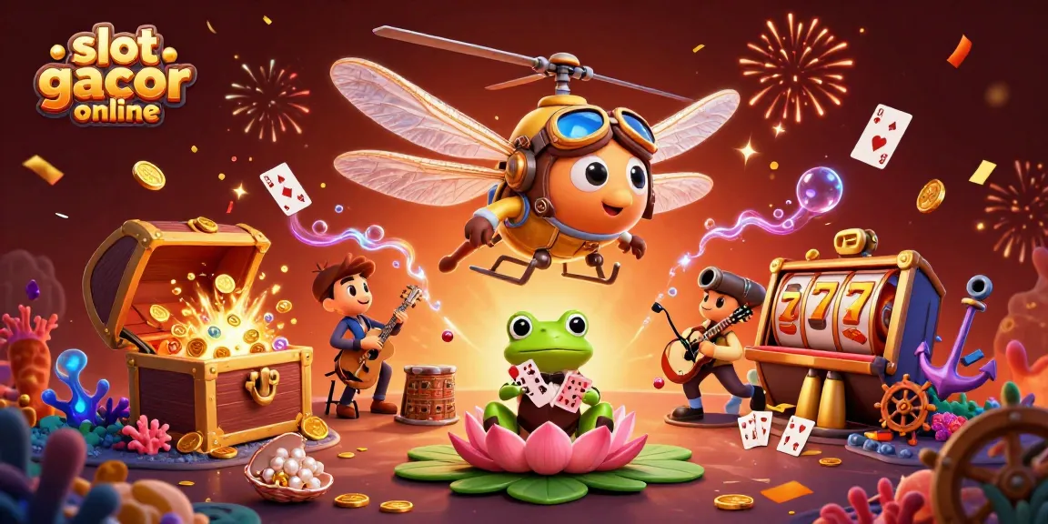 Menggandakan kesenangan di slot gacor online dengan simbol keberuntungan dan kasino berwarna-warni bertaburan.