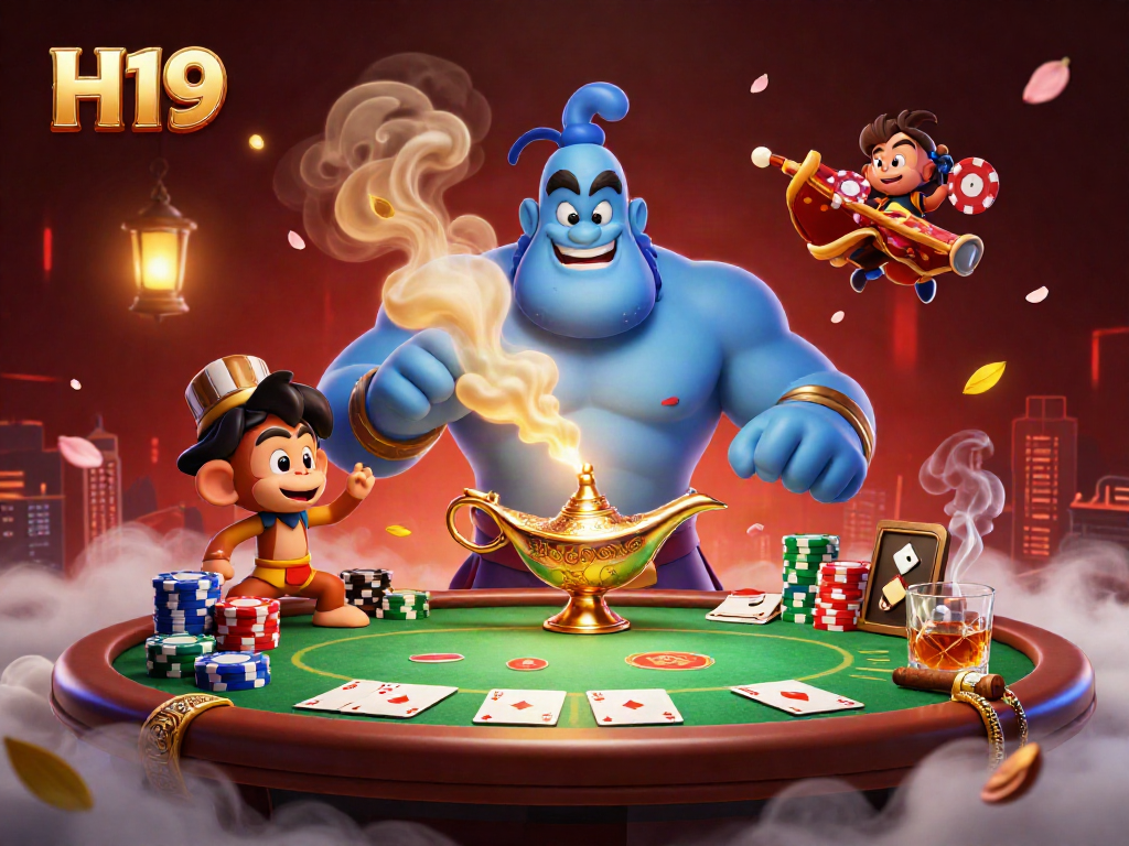 Experience H19's vibrant online casino magic with a cartoon genie and poker action.