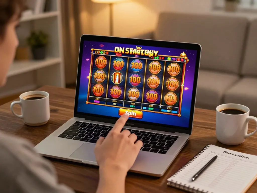 Excited player about to spin on a slot bet 100 machine in a cozy home setting, illustrating online gambling.