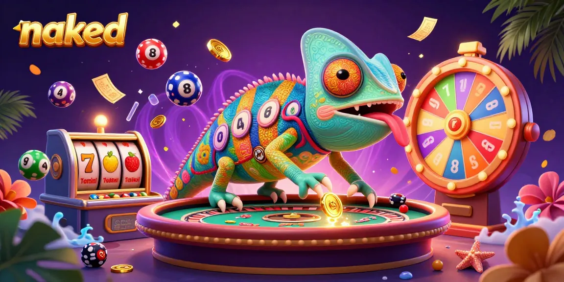Naked chameleon casino owner amidst spinning slot reels and colorful lottery balls in dynamic gaming scene