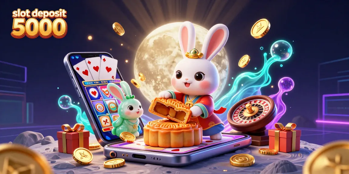 Engage in thrilling actions with slot deposit 5000 as vibrant moon rabbits unveil poker chips amidst rich casino elements.