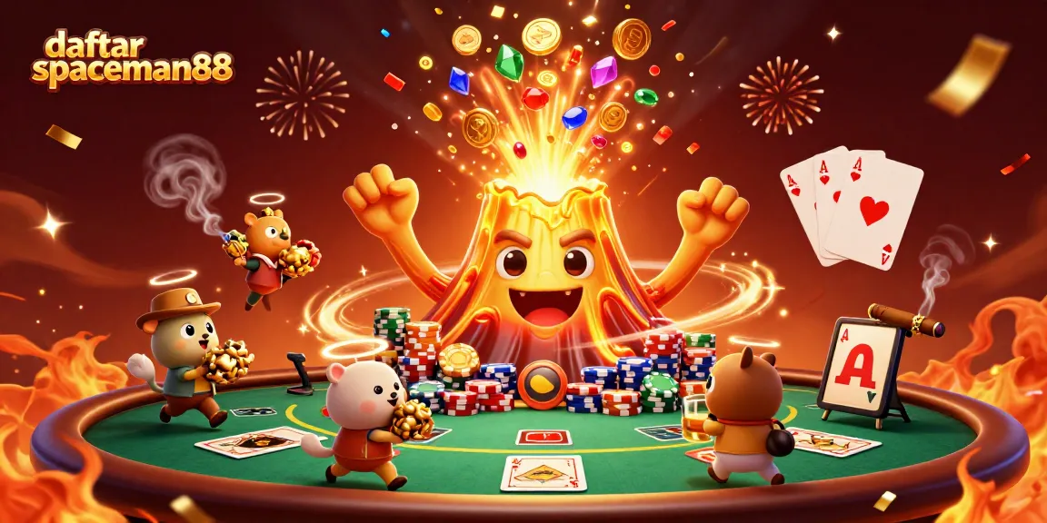 Experience gaming excitement with daftar spaceman88, featuring a vibrant casino scene of treasures and poker.