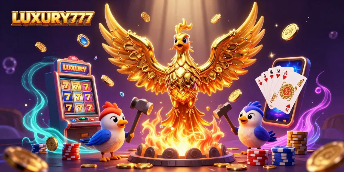 Menggandakan kesenangan bermain di LUXURY777 dengan ilustrasi kasino 3D yang menampilkan phoenix emas dan berbagai elemen permainan.