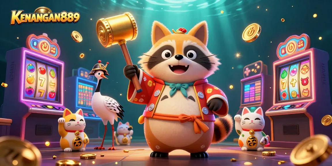 Spin and win with KENANGAN889's vibrant casino scene featuring lucky tanuki and engaging game elements.