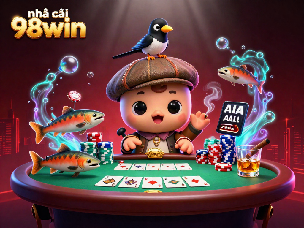 Engaging scene with colorful characters representing nhà cái 98win at a lively poker table.