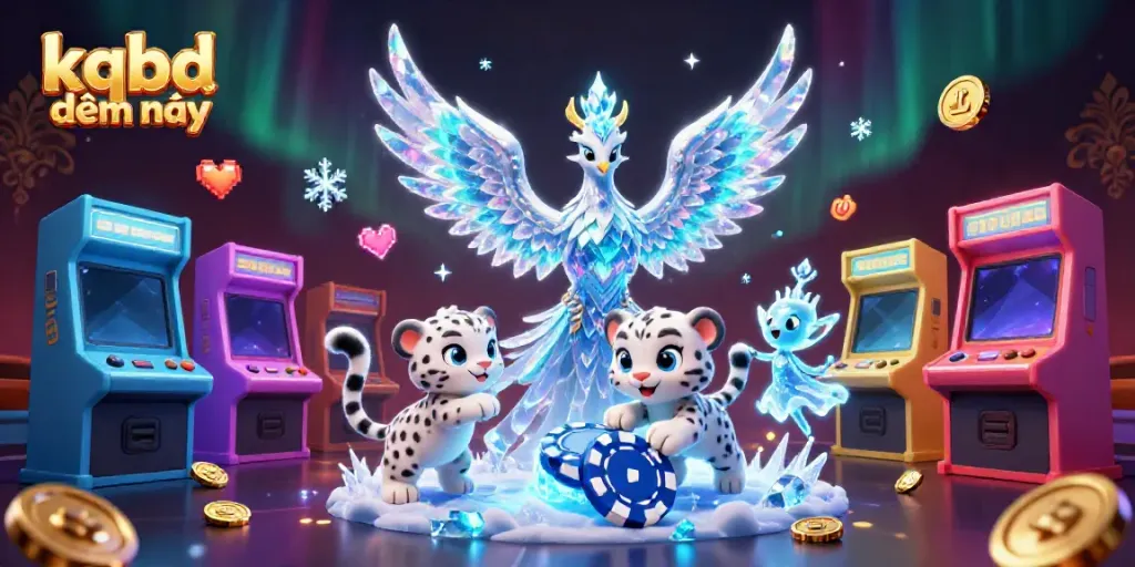 Experience the excitement of kqbd đêm nay with a vibrant scene featuring a mystical ice phoenix, enchanting sprites, and gaming elements.