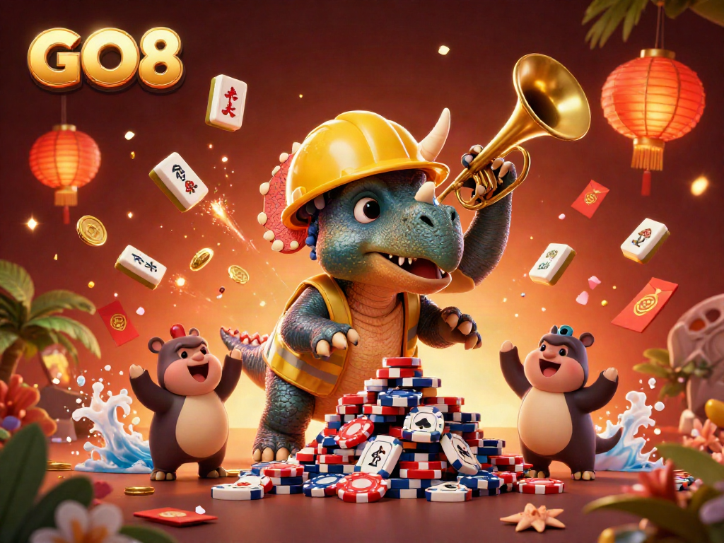 GO8's vibrant celebration scene with a triceratops building poker chips, enhancing fun in gambling.