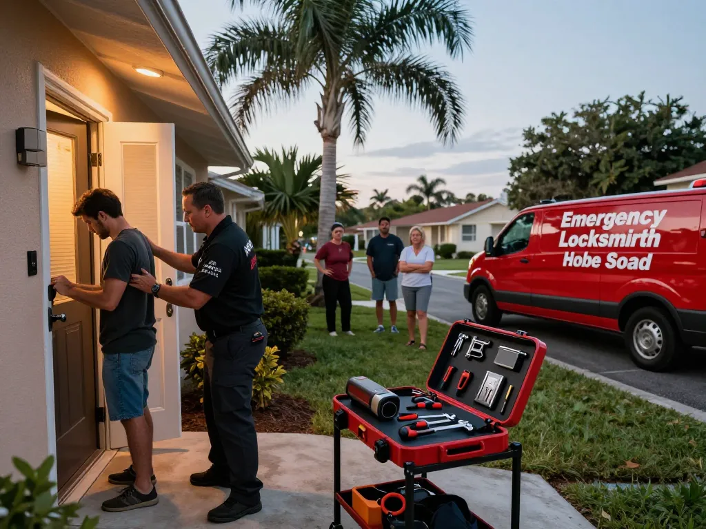 Emergency locksmith Hobe Sound technician assisting homeowner with lock issue at dusk.