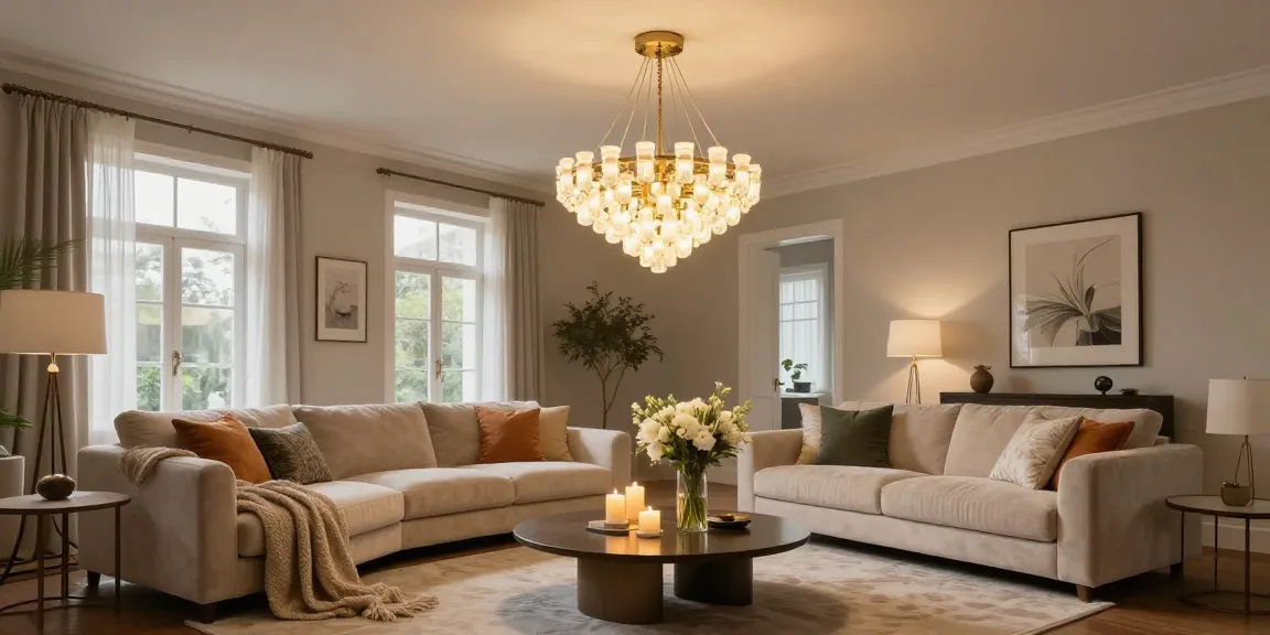 Candelabru LED modern în living elegant, iluminând atmosfera caldă.