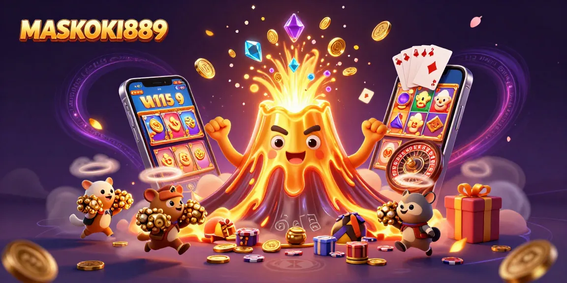 Experience the thrill of gaming at MASKOKI889 with a vibrant 3D illustration showcasing slot excitement and treasures.