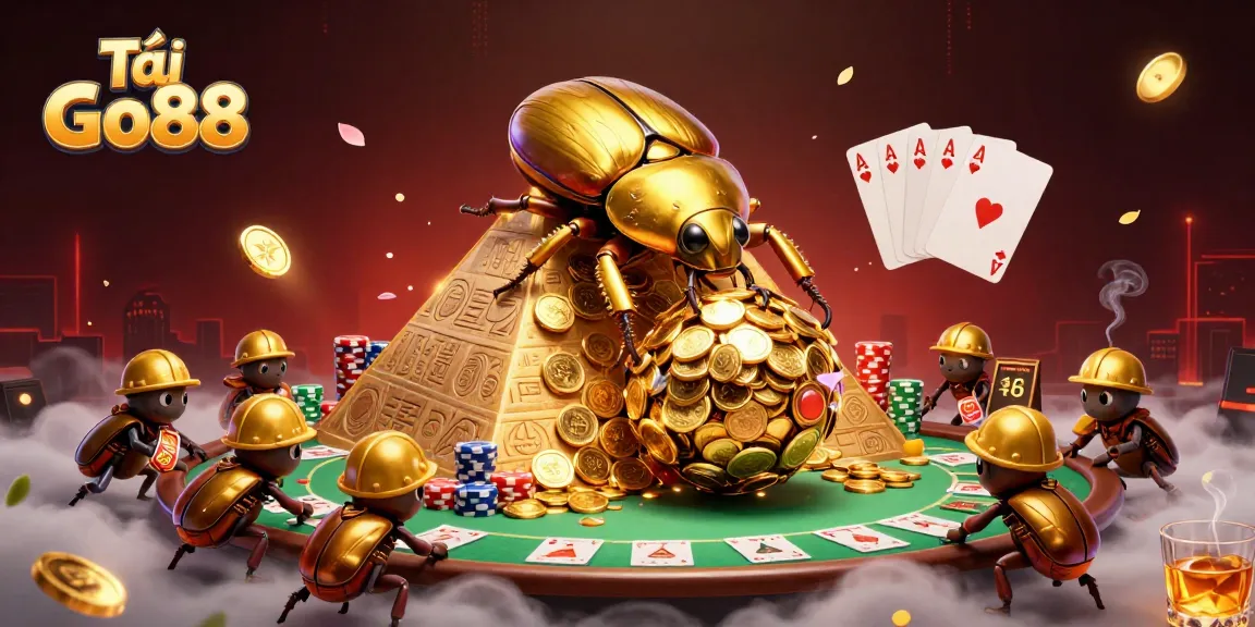 Tải Go88 showcases a vivid 3D scene with golden beetles and casino elements creating an engaging online gaming atmosphere.