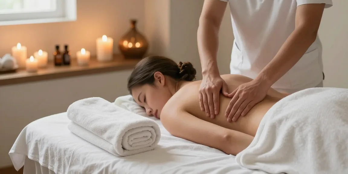 마사지 테라피 공간에서 평화로운 분위기를 느끼는 모습