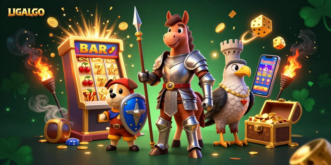 LIGALGO players celebrate a jackpot win with vibrant casino-themed characters and colorful game elements.