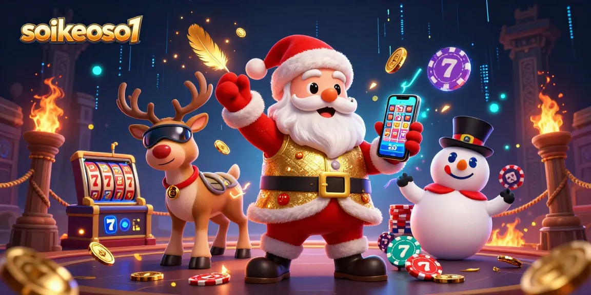 Santa Claus celebrates winning at soikeoso1 with jackpot slots, gold coins, and festive casino vibes