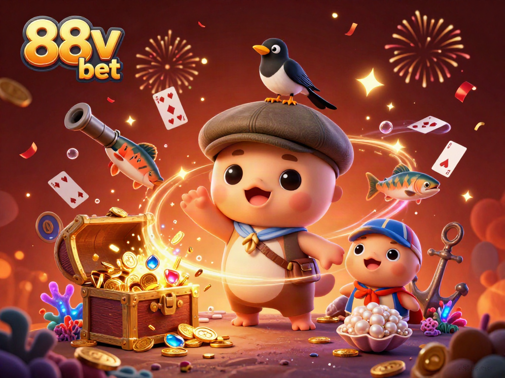 Experience 88v bet excitement with Nessie and her charming friends in a dynamic casino scene filled with treasures.