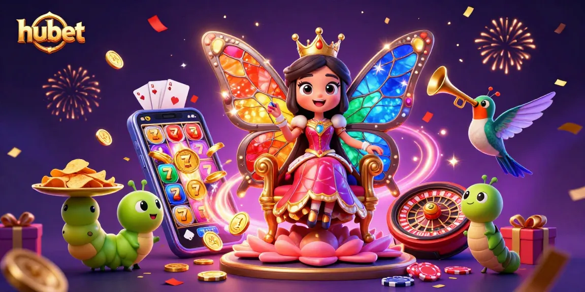 Spin the reels with hubet’s vibrant casino scene showcasing the butterfly queen and dynamic gaming elements.