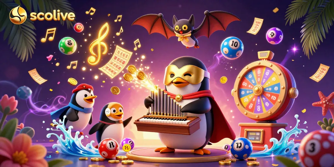 Socolive showcases a vibrant 3D illustration of a penguin playing an organ while lottery elements dynamically scatter around it, enhancing the excitement.