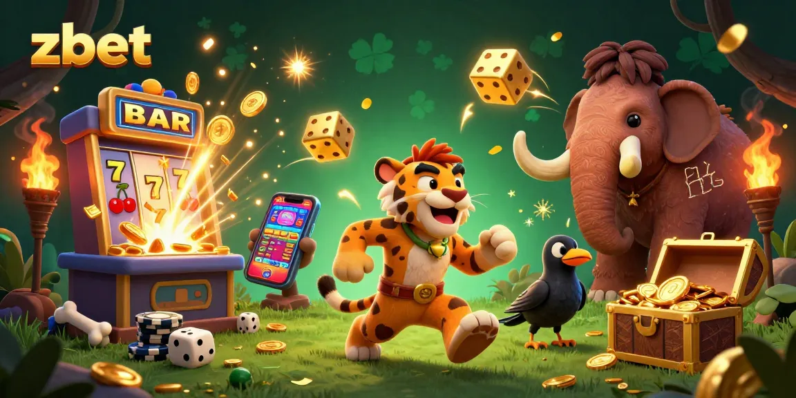 Zbet engaging in colorful casino fun, with cavemen and slot machine bursting with coins