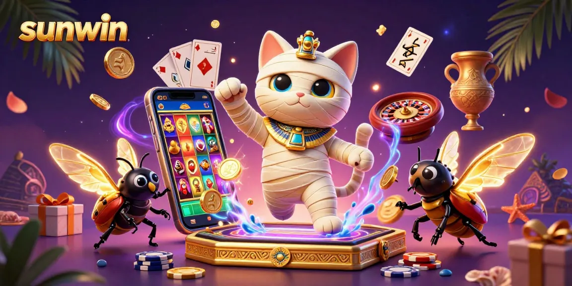 Engage with sunwin’s vibrant 3D casino scene, featuring a mummy cat and glowing scarab in action.