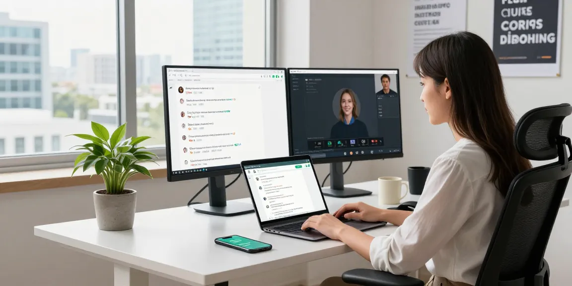Young woman using WhatsApp網頁版 on her laptop in a modern workspace, showcasing digital communication.