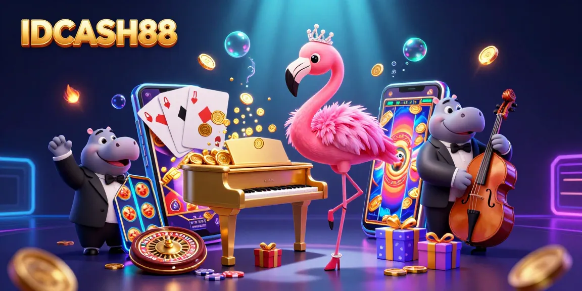 Engage with IDCASH88's exciting slot games amidst vibrant characters and casino elements