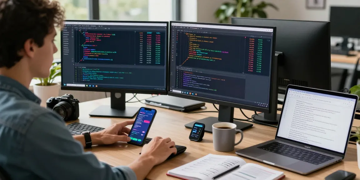 Dynamic workspace featuring a developer integrating precious metal tick data API into a trading app with real-time data displayed on screens.