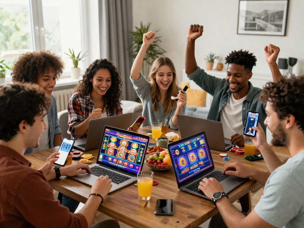 I migliori casino non AAMS: amici che festeggiano a casa con giochi d'azzardo online su schermi luminosi.