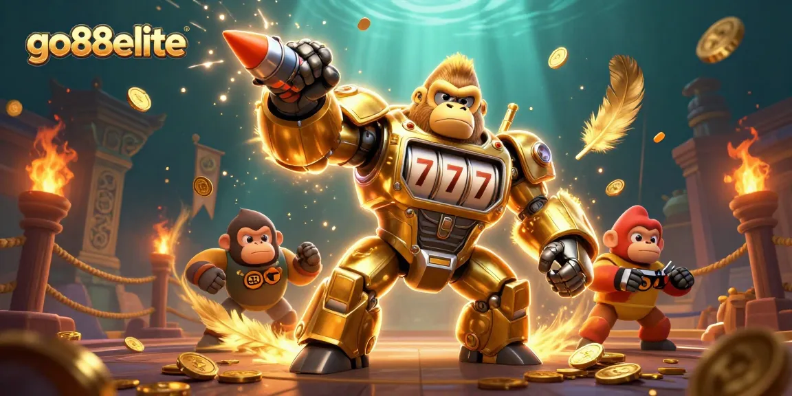 Engage in thrilling gaming with go88elite's dynamic 3D illustration featuring an epic mech and vibrant casino elements.