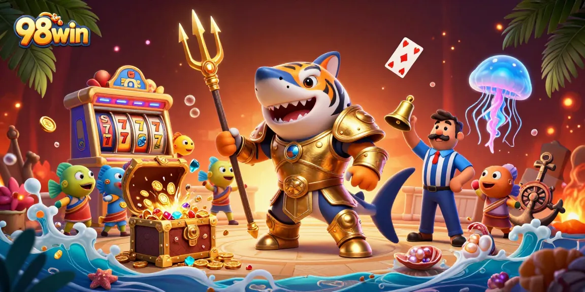 Experience thrilling fun with 98win's jackpot slots in a vibrant underwater casino scene.