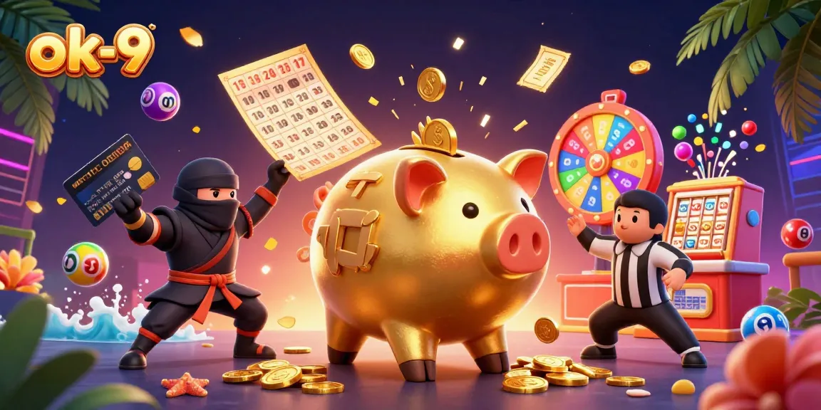 Engage with the vibrant action at ok-9, featuring a dynamic scene of a sumo wrestler piggy bank and gaming elements.