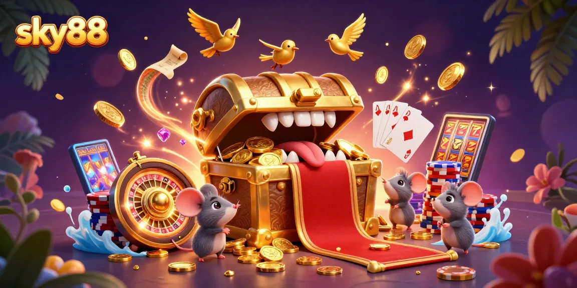 Experience thrilling gaming moments at sky88 with 3D casino elements, exciting treasures, and vibrant action!