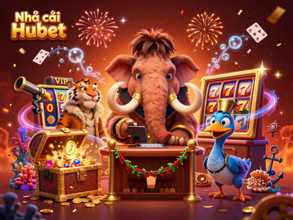 Nhà cái Hubet offers an exclusive gambling experience featuring dynamic elements like slot reels and stunning characters.