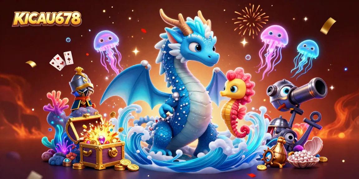 KICAU678 showcases a vibrant underwater scene featuring a majestic dragon, seahorse knight, and treasure, celebrating the casino experience.