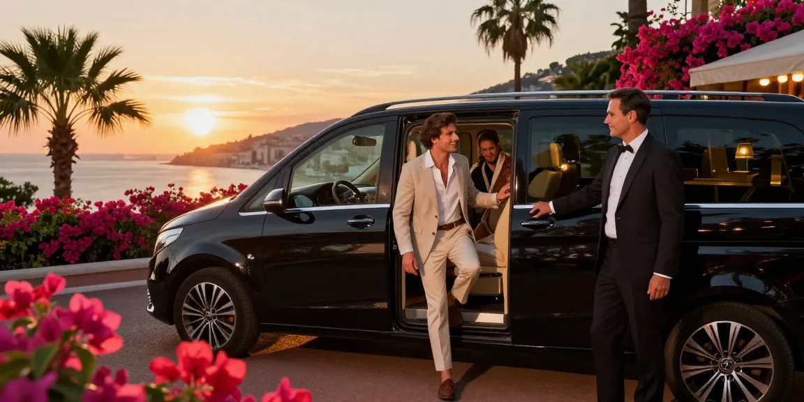 Transfert privé Nice Monaco : couple élégamment habillé, chauffeur professionnel, vue sur la Côte d'Azur.