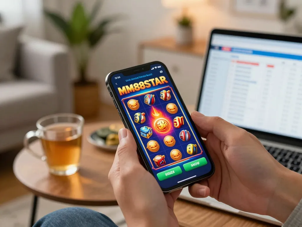 Players engaging with MM88STAR app, enjoying dynamic online casino games in a cozy living room atmosphere.