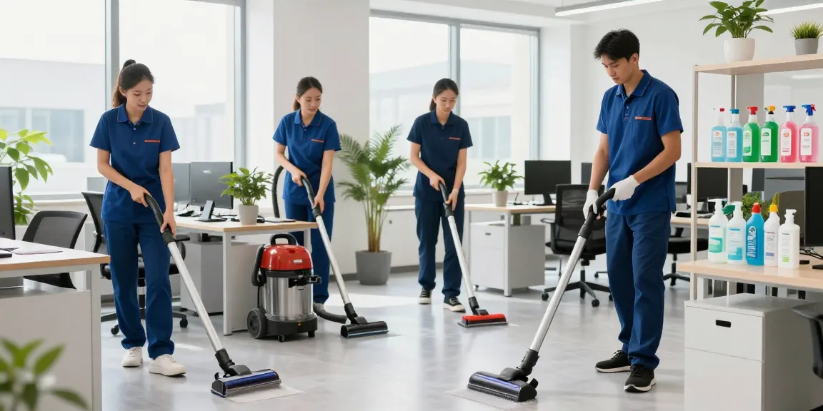 Unterhaltsreinigung in einem sauberen Büro mit professionellem Reinigungsteam und modernen Geräten.