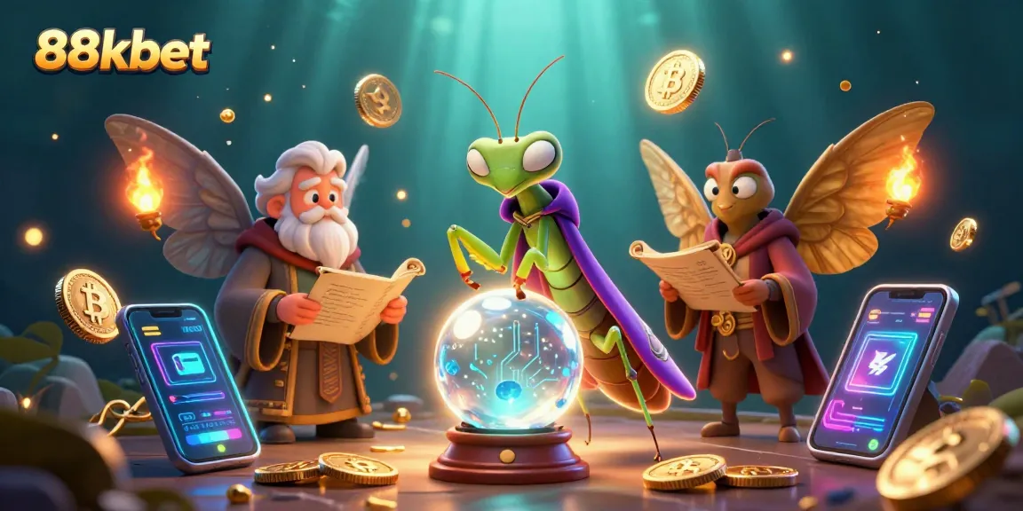 Bet on exciting games with 88kbet, featuring animated fortune tellers and mystics amid glimmering crypto coins.
