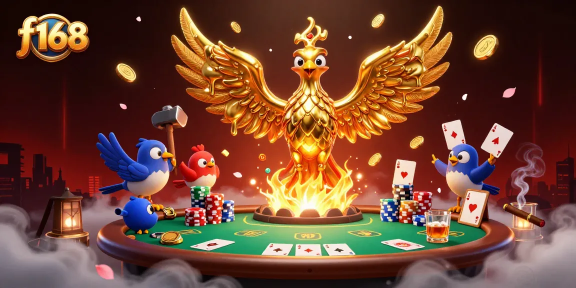 Engage in thrilling gaming at f168 with golden phoenix, poker chips, and vibrant casino elements.