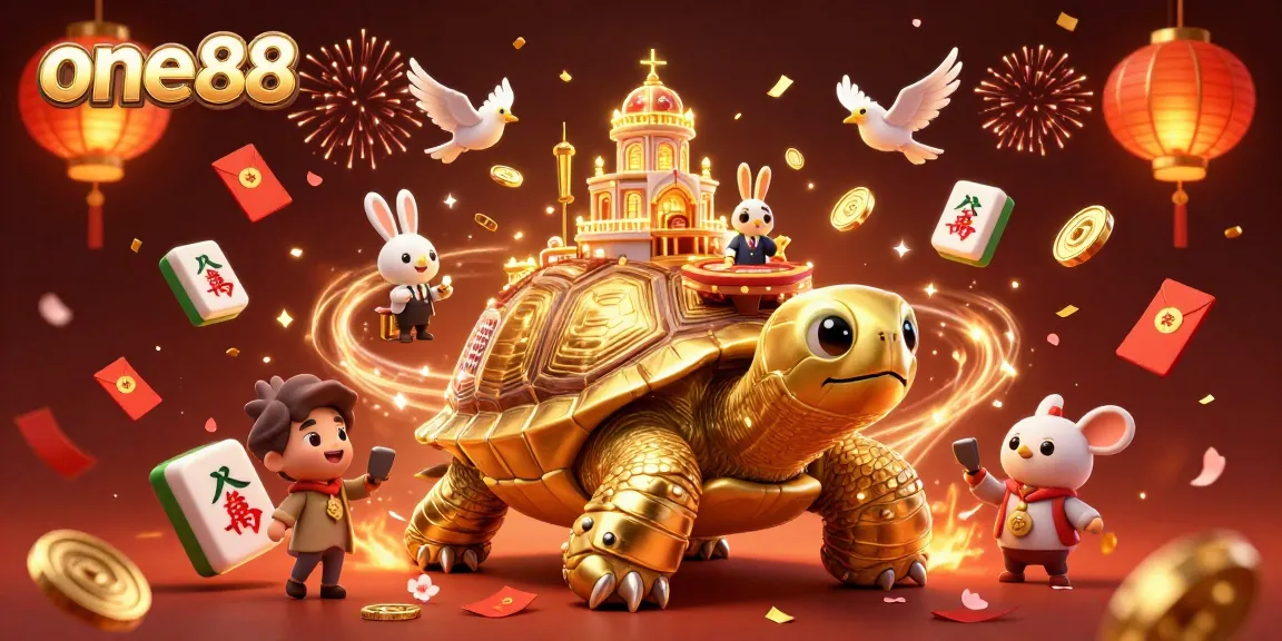 one88's exciting casino scene with a golden tortoise and rabbit dealer amidst festive elements