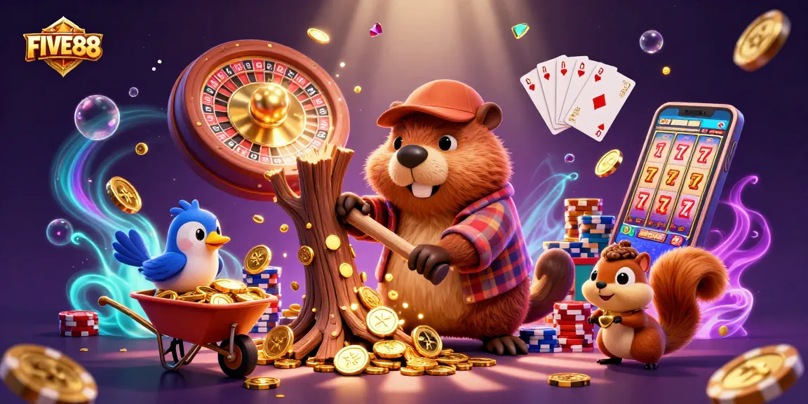 FIVE88 features a whimsical scene of a beaver and friends celebrating casino wins amidst golden coins.