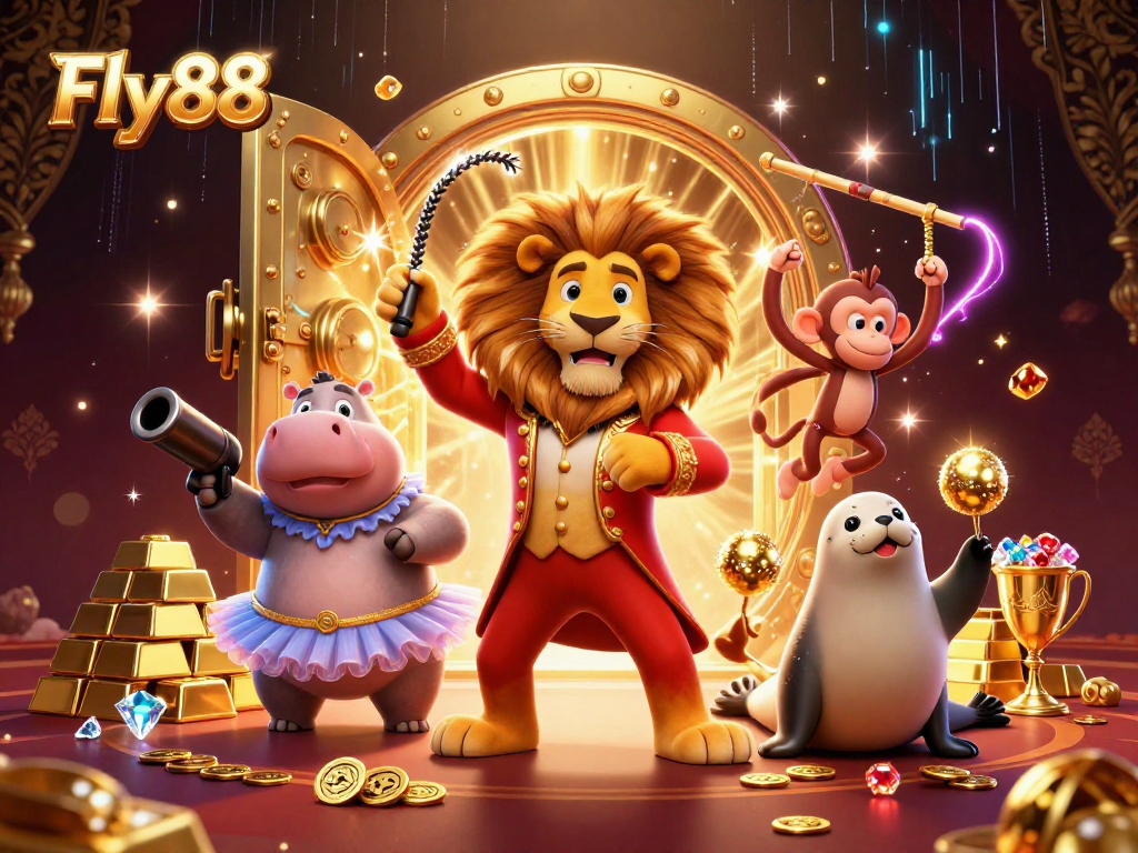 Fly88 showcases exhilarating casino excitement with vibrant 3D characters amidst golden treasures.