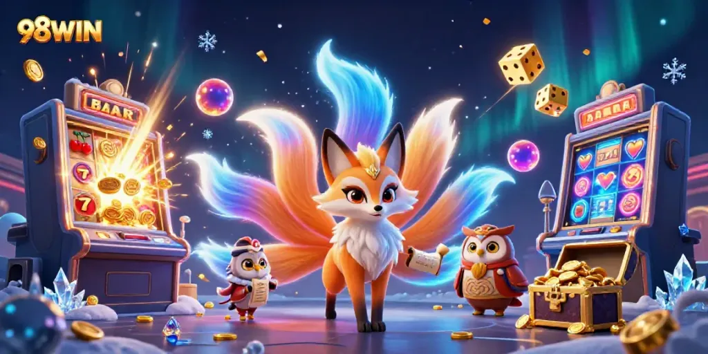 Engage with the vibrant 98WIN casino experience featuring a colorful nine-tailed fox and various gaming elements.