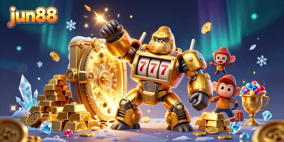 Spin and win at jun88 with a towering transformer gorilla mech bursting with coins and treasures