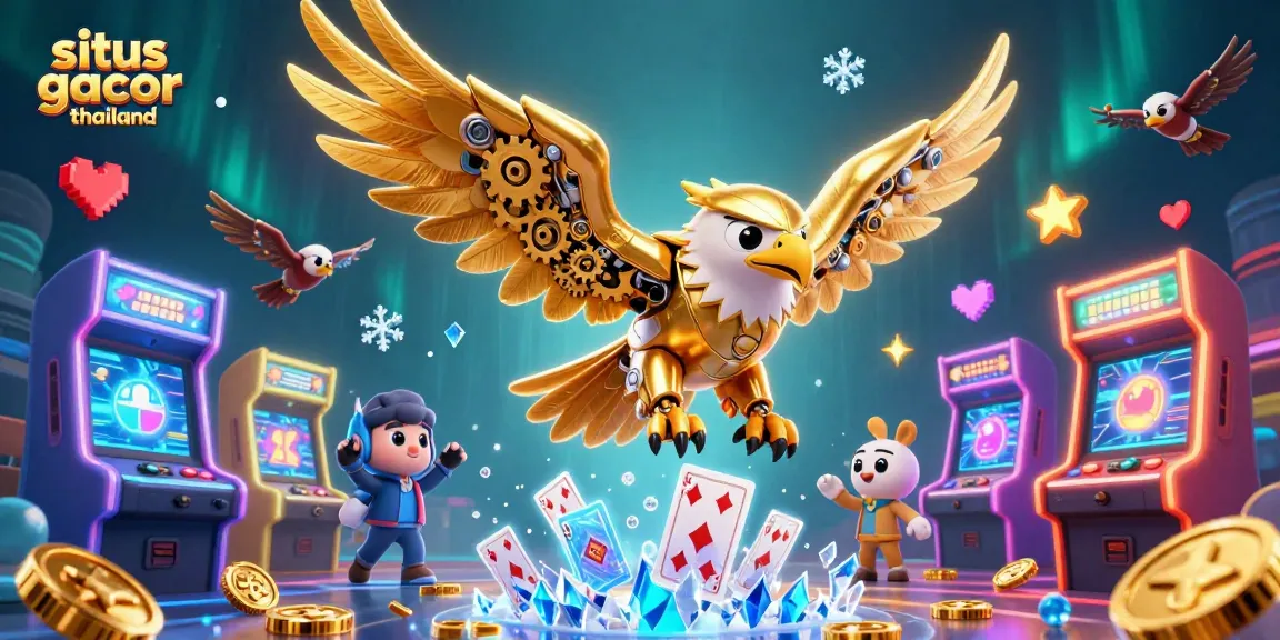 Situs gacor thailand showcases a vibrant 3D gaming scene with a golden eagle diving through playing cards